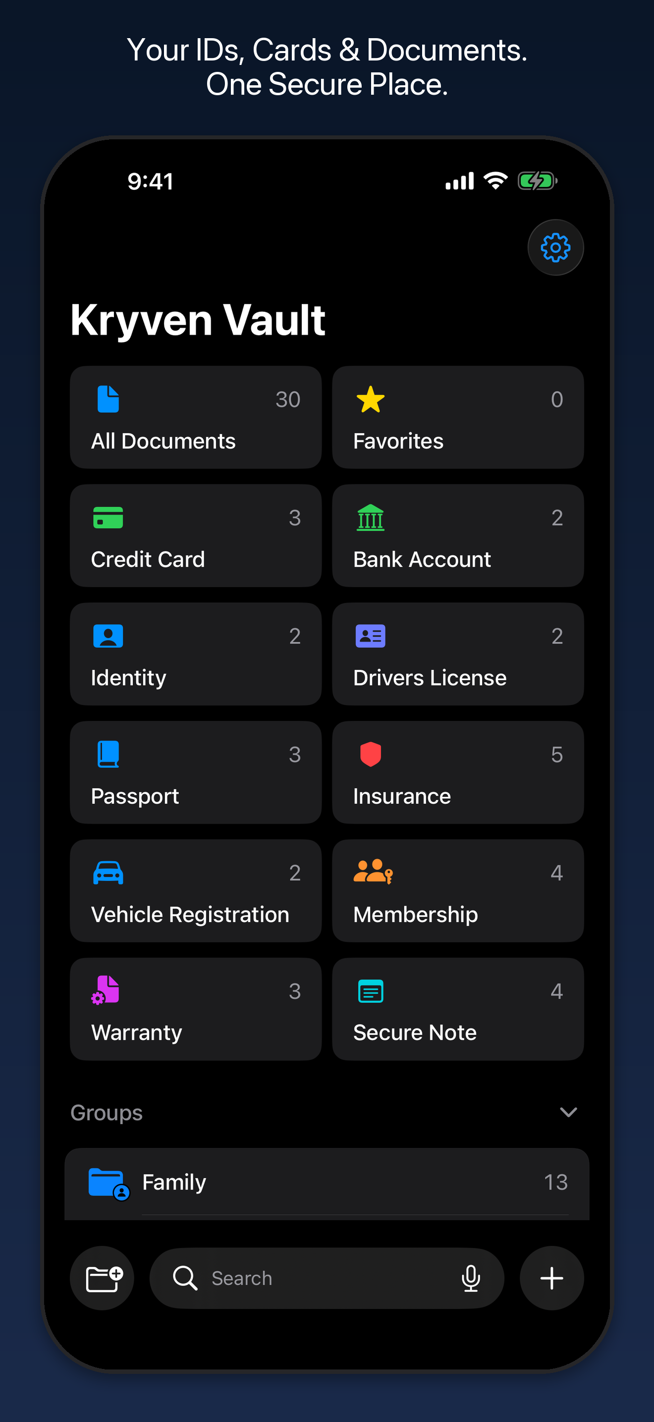 Kryven Vault home screen with 10 document categories