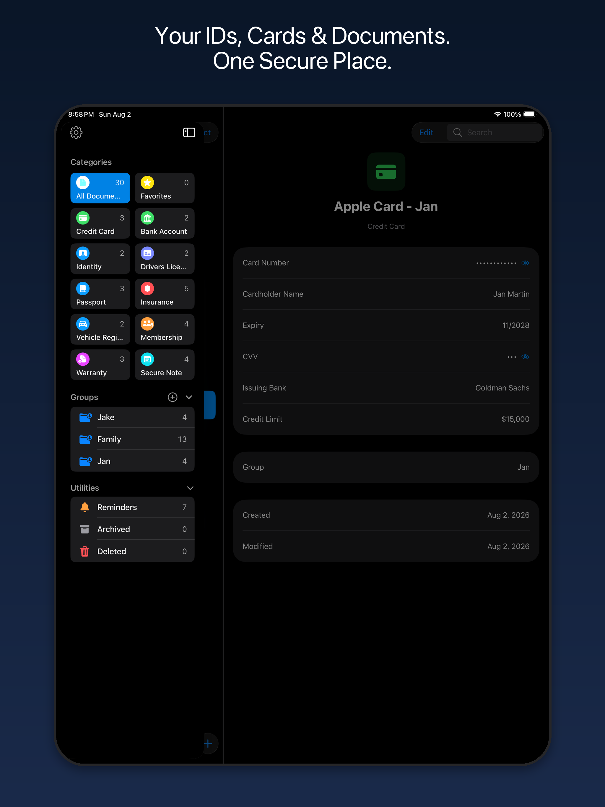 Kryven Vault on iPad showing document categories