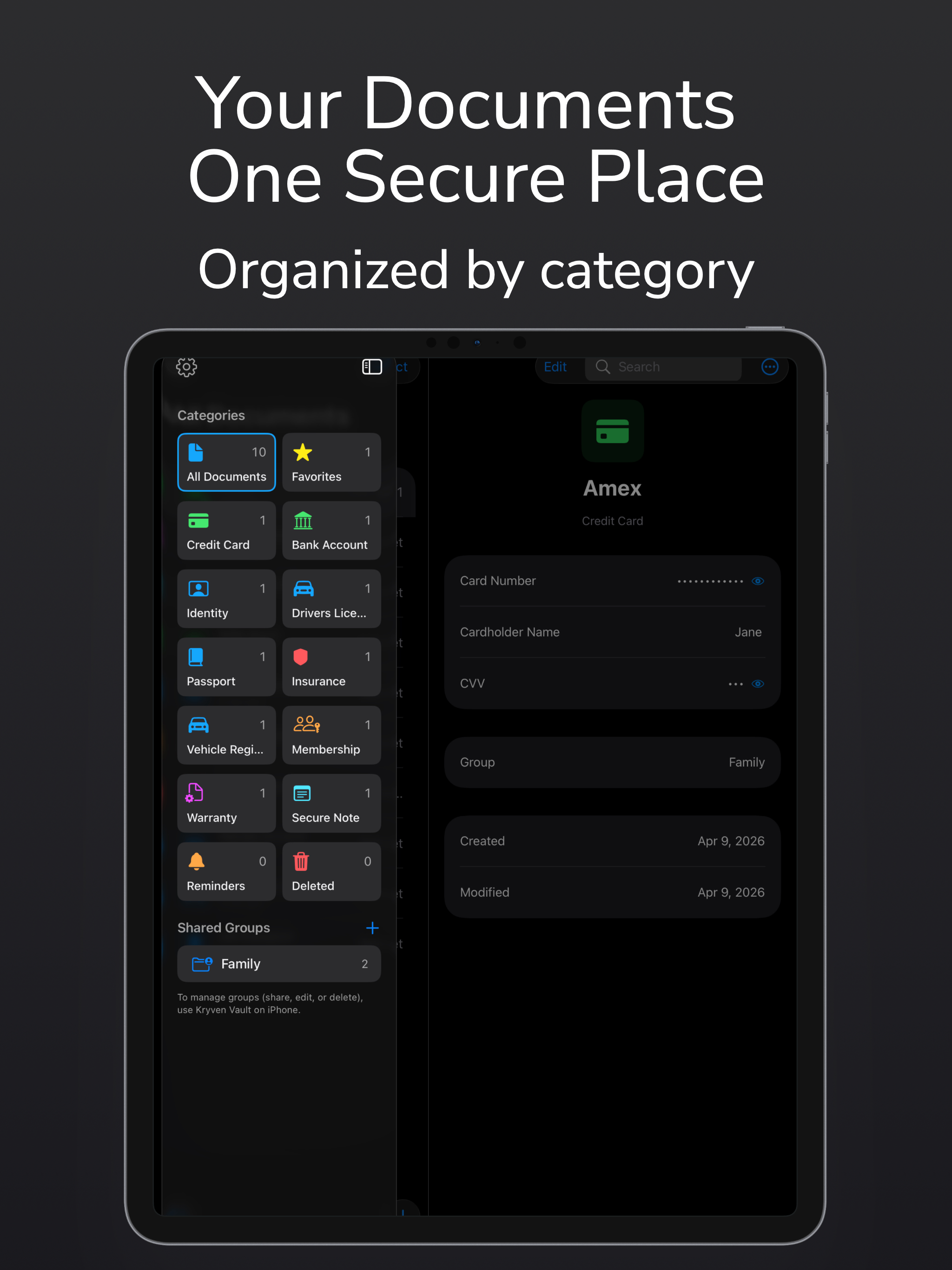 Kryven Vault on iPad showing document categories