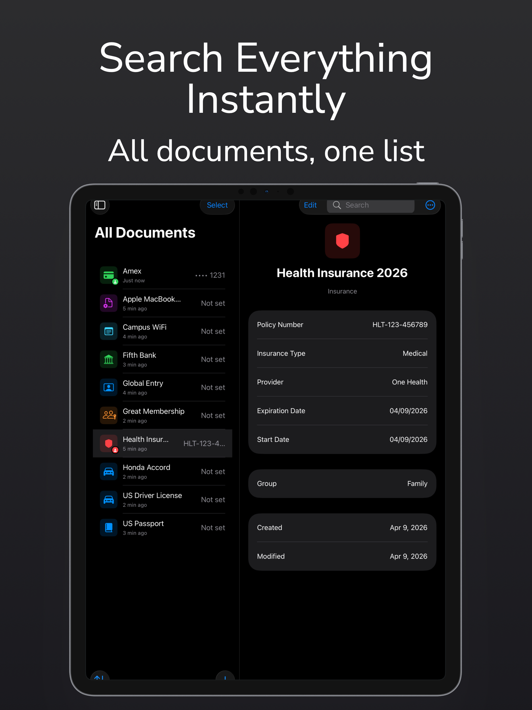 All documents list on iPad