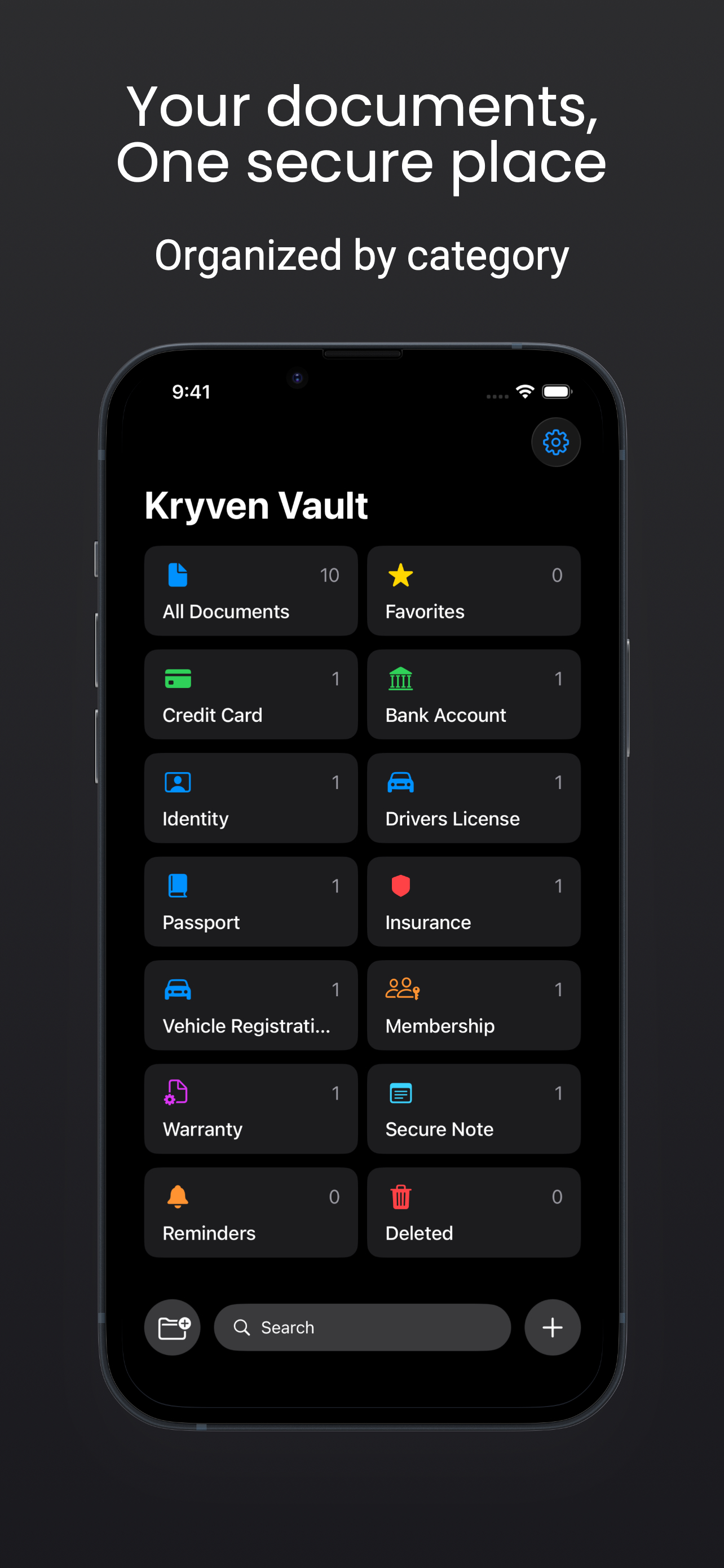 Kryven Vault home screen with 10 document categories
